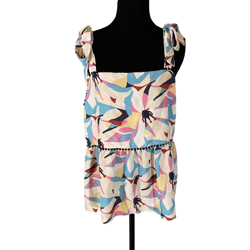 THML Abstract Floral Tie Shoulder Pom Pom Trim Peplum Top Multicolor L Whimsical